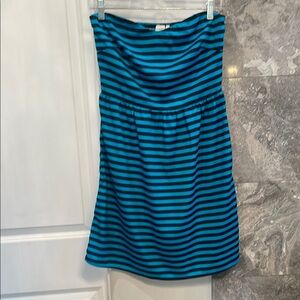 Blue and Black Striped Strapless Dress